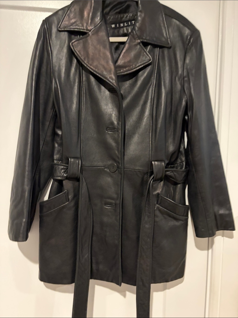 Black Leather Belted Coat